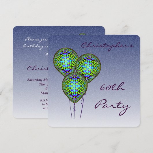 60e blauwe ballon Uitnodigen Kaart (Voorkant / Achterkant)