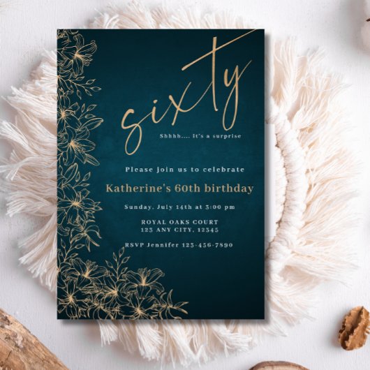 60e Blauwgroen & gouden bloemenkweek Verjaardag Kaart