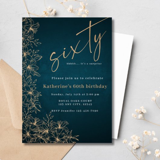 60e Blauwgroen & gouden bloemenkweek Verjaardag Kaart