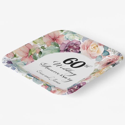 60e bruiloft Jubileum Elegant Script Floral Papieren Bordje (Gebogen)