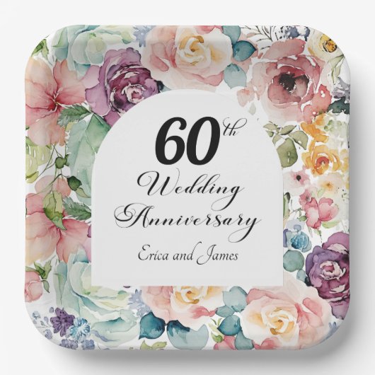 60e bruiloft Jubileum Elegant Script Floral Papieren Bordje (Voorkant)