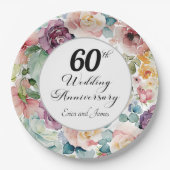 60e bruiloft Jubileum Elegant Script Floral Papieren Bordje (Voorkant)