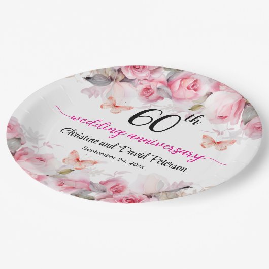 60e bruiloft Jubileum Elegante Blush Rozen Papieren Bordje (Gekanteld)