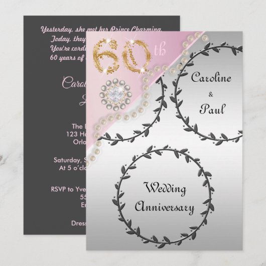 60e bruiloft Jubileum in reliëf Zilver Roos Gold Kaart (Voorkant / Achterkant)