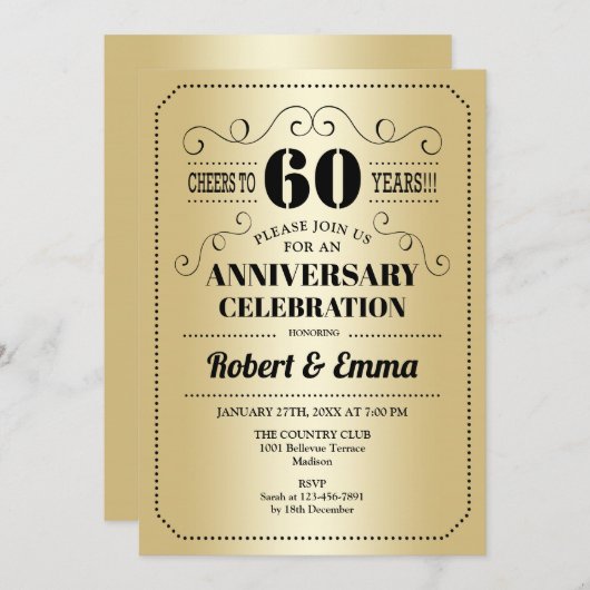 60e bruiloft Jubileum Party - Goud Zwart Kaart (Voorkant / Achterkant)
