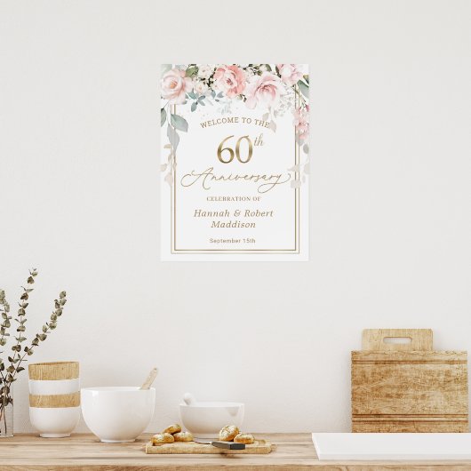 60e bruiloft Jubileum roze rozen bladeren Poster (Keuken)