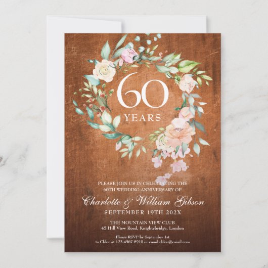 60e bruiloft Jubileum rustieke houten Rozen Garlan Kaart (Voorkant)
