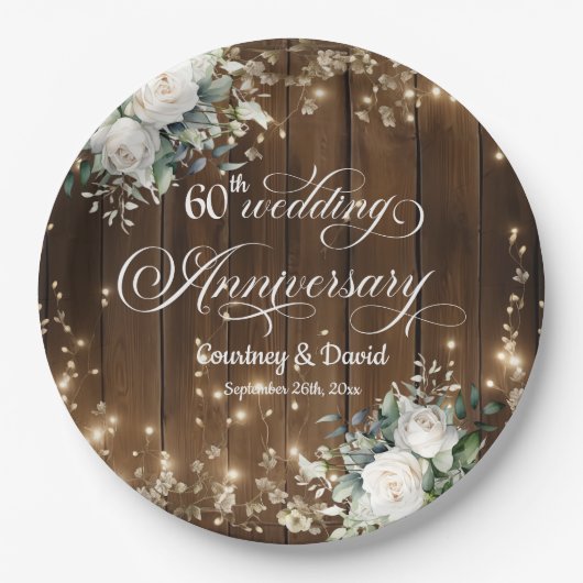 60e bruiloft Jubileum Rustieke String Lights Papieren Bordje (Voorkant)