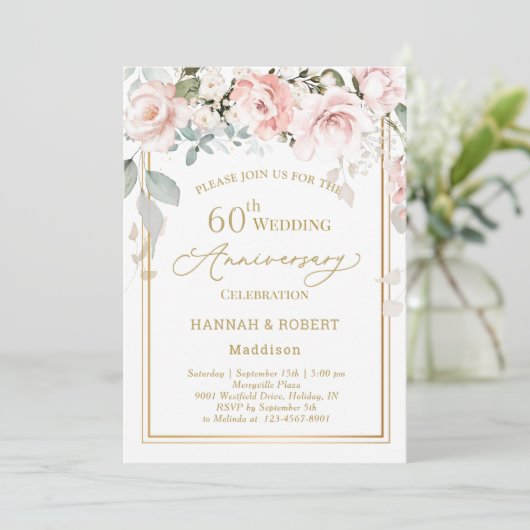 60e bruiloft Jubileum Wit Roze Rozen Kaart (Staand voorkant)