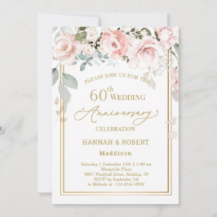 60e bruiloft Jubileum Wit Roze Rozen Kaart