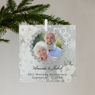 60e bruiloft Jubileum zilveren foto bloemen kant Glas Ornament