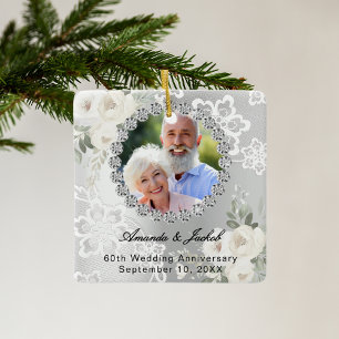 60e bruiloft Jubileum zilveren foto bloemen kant Keramisch Ornament