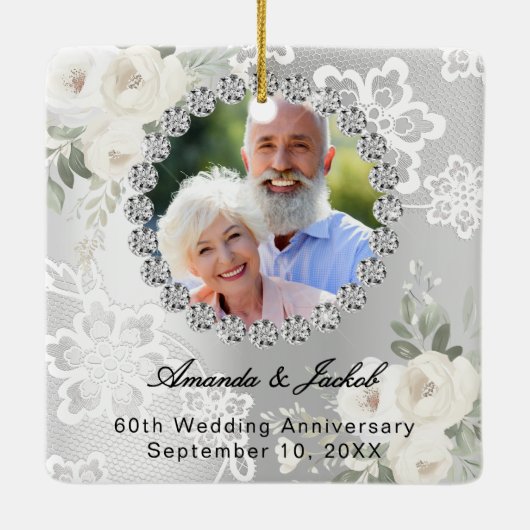 60e bruiloft Jubileum zilveren foto bloemen kant Keramisch Ornament (Achterkant)