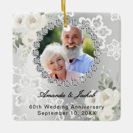 60e bruiloft Jubileum zilveren foto bloemen kant Keramisch Ornament (Voorkant)