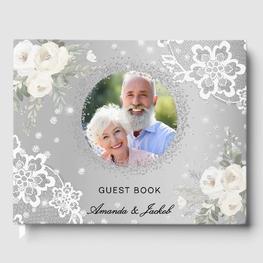 60e bruiloft Jubileum zilveren foto kant bloemen Gastenboek (Voorkant)