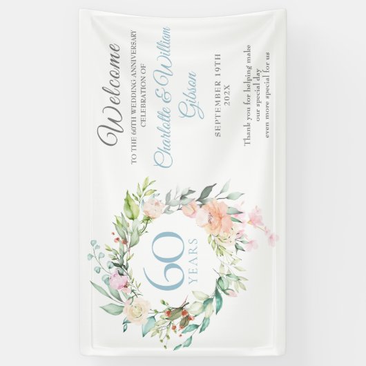 60e bruiloft met diamanten Rozen Welkom Spandoek (Verticaal)