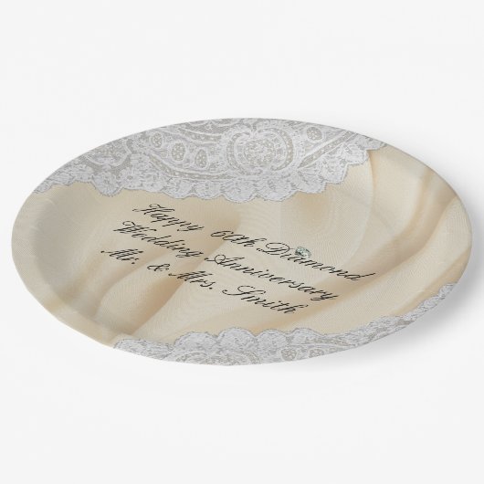 60e Diamant Bruiloft Jubileum Faux Satijn + Kant Papieren Bordje (Gekanteld)