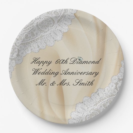 60e Diamant Bruiloft Jubileum Faux Satijn + Kant Papieren Bordje (Voorkant)