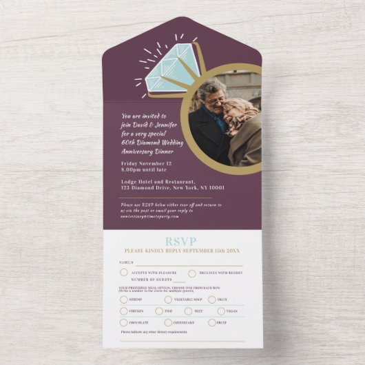 60e Diamanten bruiloft diner RSVP foto All In One Uitnodiging (Binnen)