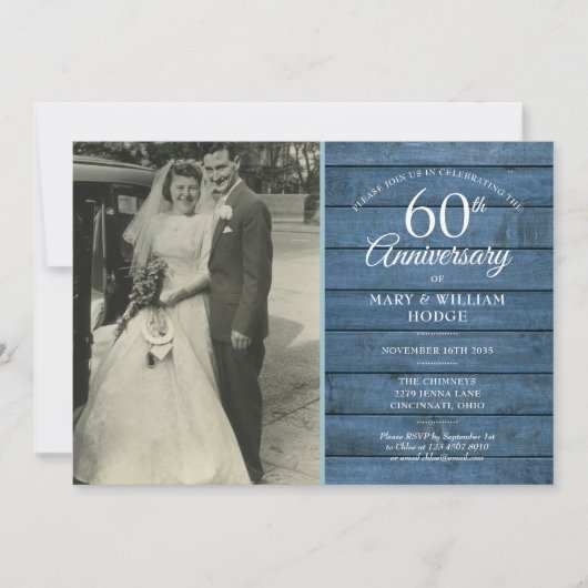 60e Diamanten Bruiloft Foto Blauwe Rustieke Stijl Kaart (Voorkant)
