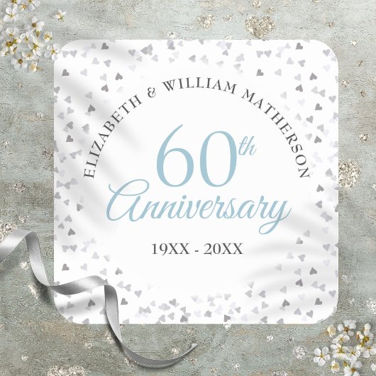 60e diamanten bruiloft harten confetti vierkante sticker