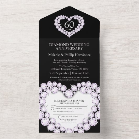 60e diamanten bruiloft jubileum zwart wit all in one uitnodiging (Binnen)