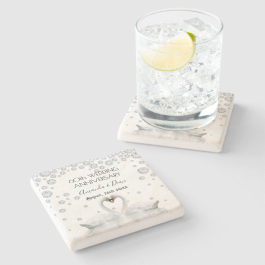 60e diamanten bruiloft met witte zwanen stenen onderzetter (Zijkant)