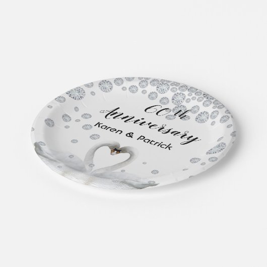 60e diamanten bruiloft trouwdag met witte zwanen papieren bordje (Gekanteld)