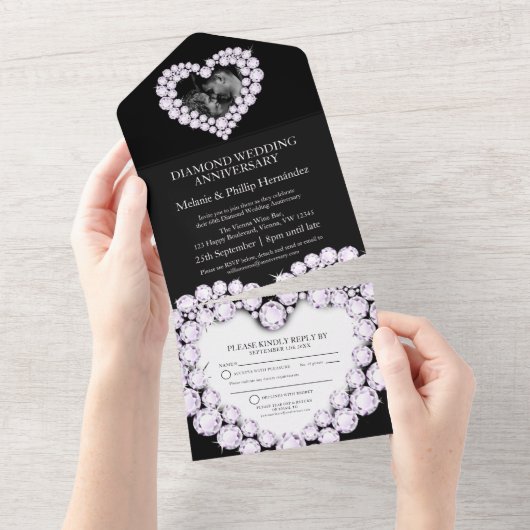 60e diamanten trouwdag foto zwart all in one uitnodiging (Afscheurbaar)