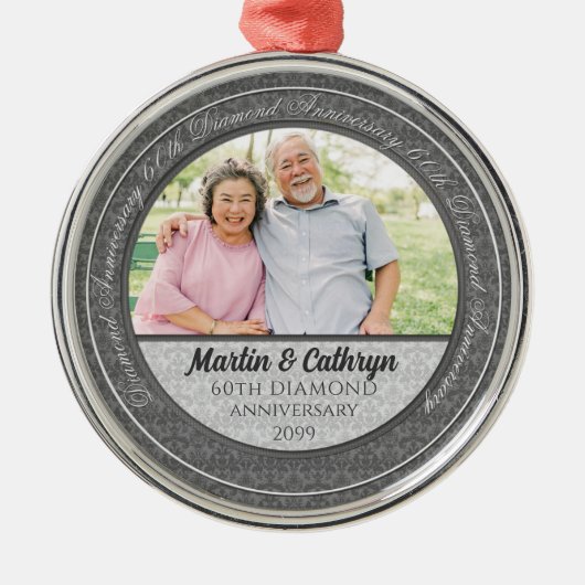 60e Diamond Jubileum Silver Damask Foto Metalen Ornament (Voorkant)