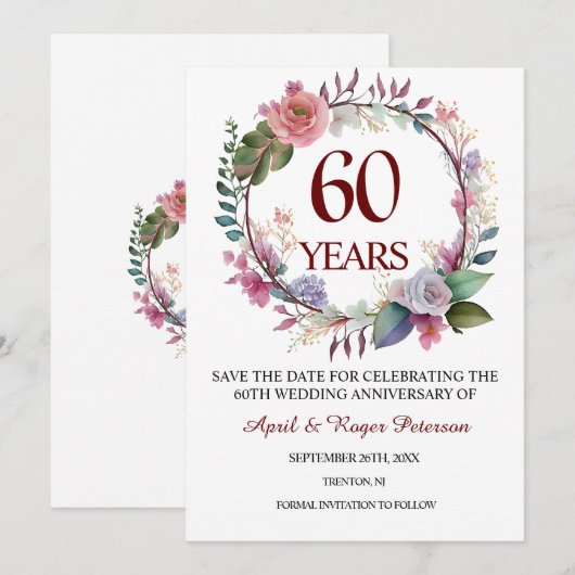 60e Diamond Wedding Jubileum Bloemen Save The Date (Voorkant / Achterkant)