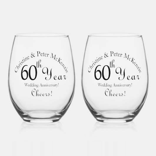 60e Diamond-Wedding Jubileum Handtekening Script Wijnglas Zonder Voet (Voorkant)