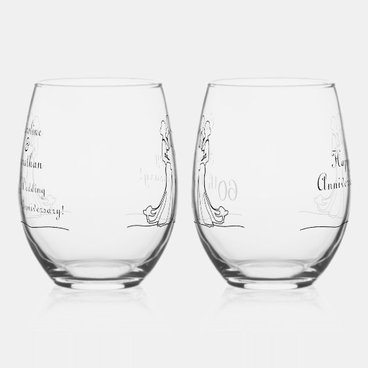 60e Diamond Wedding Jubileum Line Art Paar Wijnglas Zonder Voet (Links)