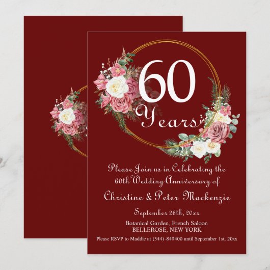 60e Diamond Wedding Jubileum Rozen Goud Lijst Kaart (Voorkant / Achterkant)