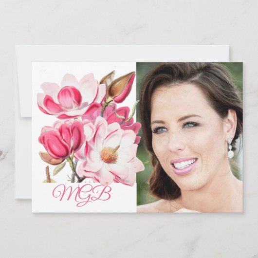 60e Floral Pink Elegant Foto Monogram Birthday Kaart (Voorkant)