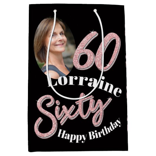 60e geboortedag 60e foto, roos roze medium cadeauzakje (Voorkant)