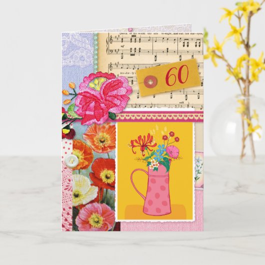 60e Gelukkige Verjaardag Collage Bloemen kunst pla Kaart (Gele Bloem)