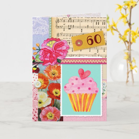 60e Gelukkige Verjaardag Collage plakboek cupcake Kaart (Gele Bloem)