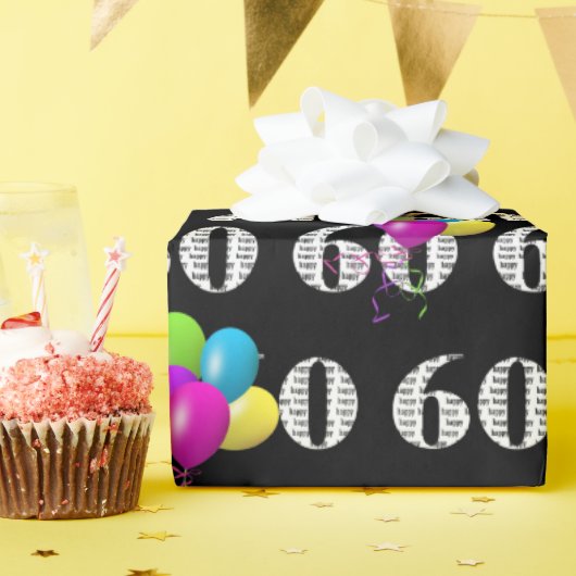 60e Gelukkige Verjaardagsballonnen op Zwart Cadeaupapier (Verjaardagsfeest)