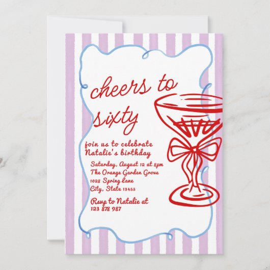 60e getekende kleurrijke champagneglas 60 jaar kaart (Voorkant)