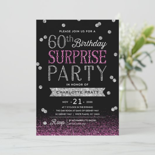 60e Glitter Confetti Surprise Party Invitation Kaart (Staand voorkant)
