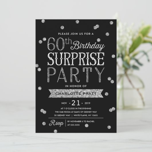 60e Glitter Confetti Surprise Party Invitation Kaart (Staand voorkant)