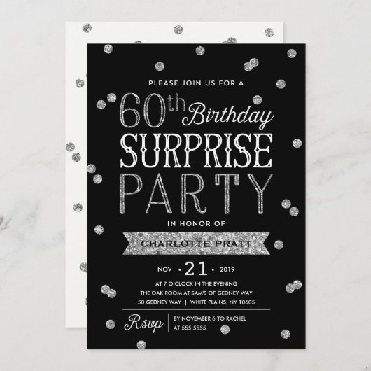 60e Glitter Confetti Surprise Party Invitation Kaart (Voorkant / Achterkant)