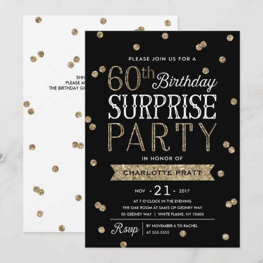 60e Glitter Confetti Surprise Party Invitation Kaart (Voorkant / Achterkant)