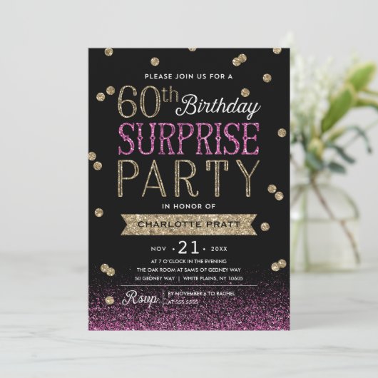 60e Glitter Confetti Surprise Party Invitation Kaart (Staand voorkant)