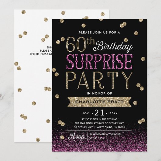 60e Glitter Confetti Surprise Party Invitation Kaart (Voorkant / Achterkant)