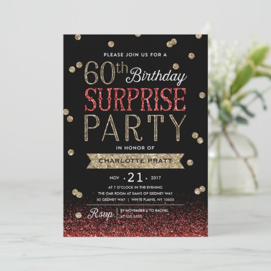 60e Glitter Confetti Surprise Party Invitation Kaart (Staand voorkant)