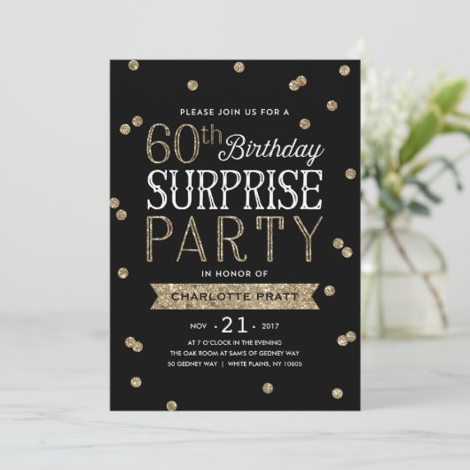60e Glitter Confetti Surprise Party Invitation Kaart (Staand voorkant)