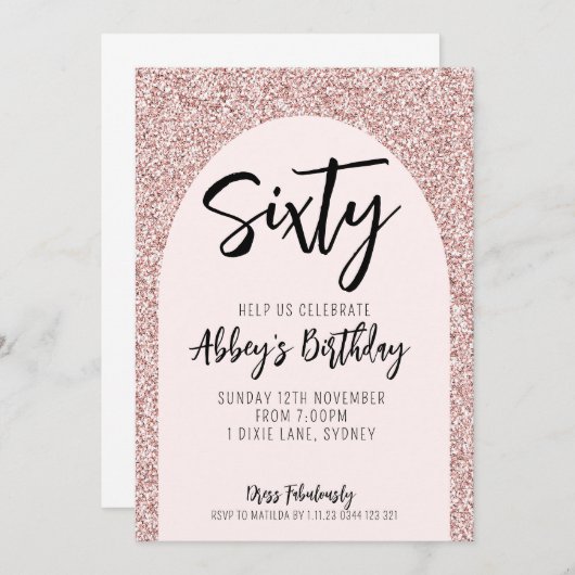 60e Glitter Roos Gouden Boog Verjaardag Uitnodigen Kaart (Voorkant / Achterkant)