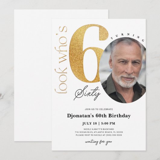 60e Gold Birthday-uitnodiging met foto Kaart (Voorkant / Achterkant)